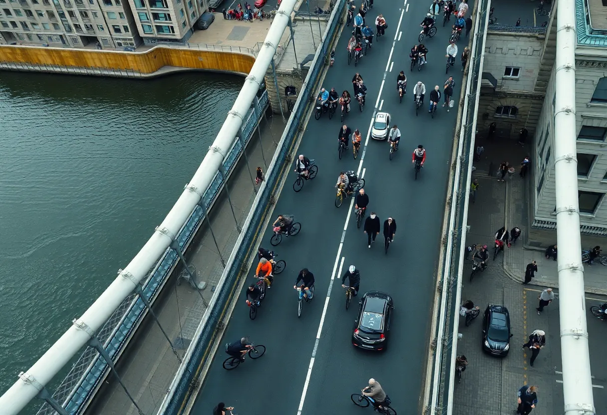 Aerial view of Charleston's North Bridge, depicting heavy traffic and cyclists.