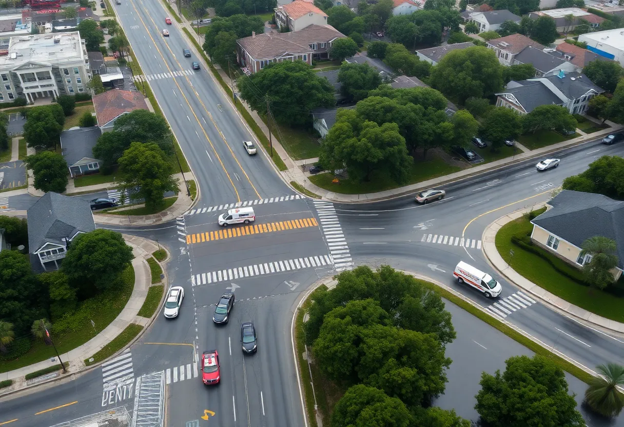 Aerial view of Charleston with road closures and flooding due to tidal conditions.