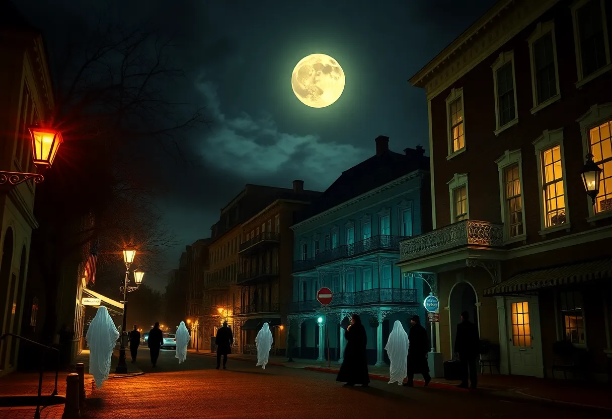 Haunted street in Charleston SC with ghostly figures