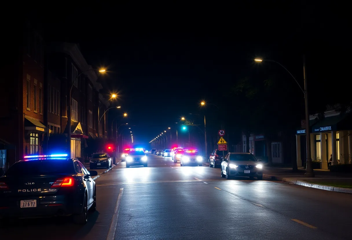 Police lights at night on America Street in Charleston