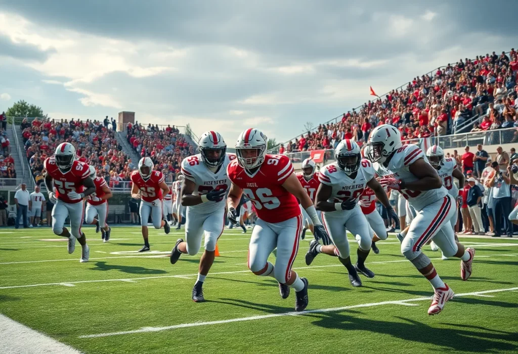 Charleston Southern Buccaneers football players celebrating their victory on the field.