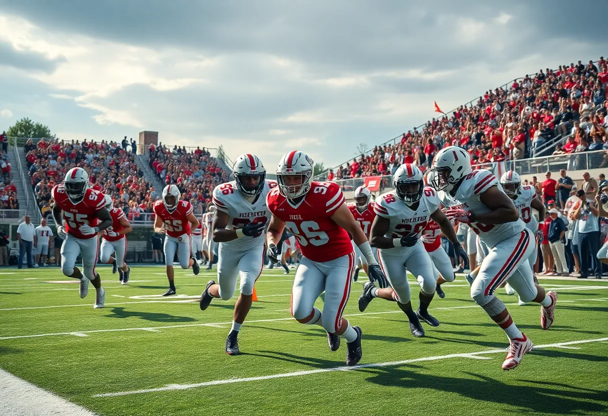 Charleston Southern Buccaneers football players celebrating their victory on the field.