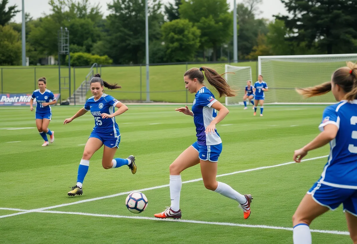 Women’s soccer players in action at CSU Soccer Field during a match.