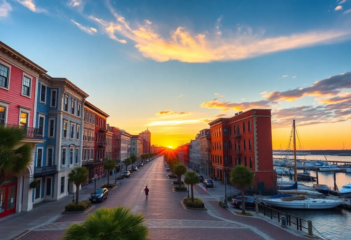 Scenic view of Charleston South Carolina at sunset with waterfront and historic streets