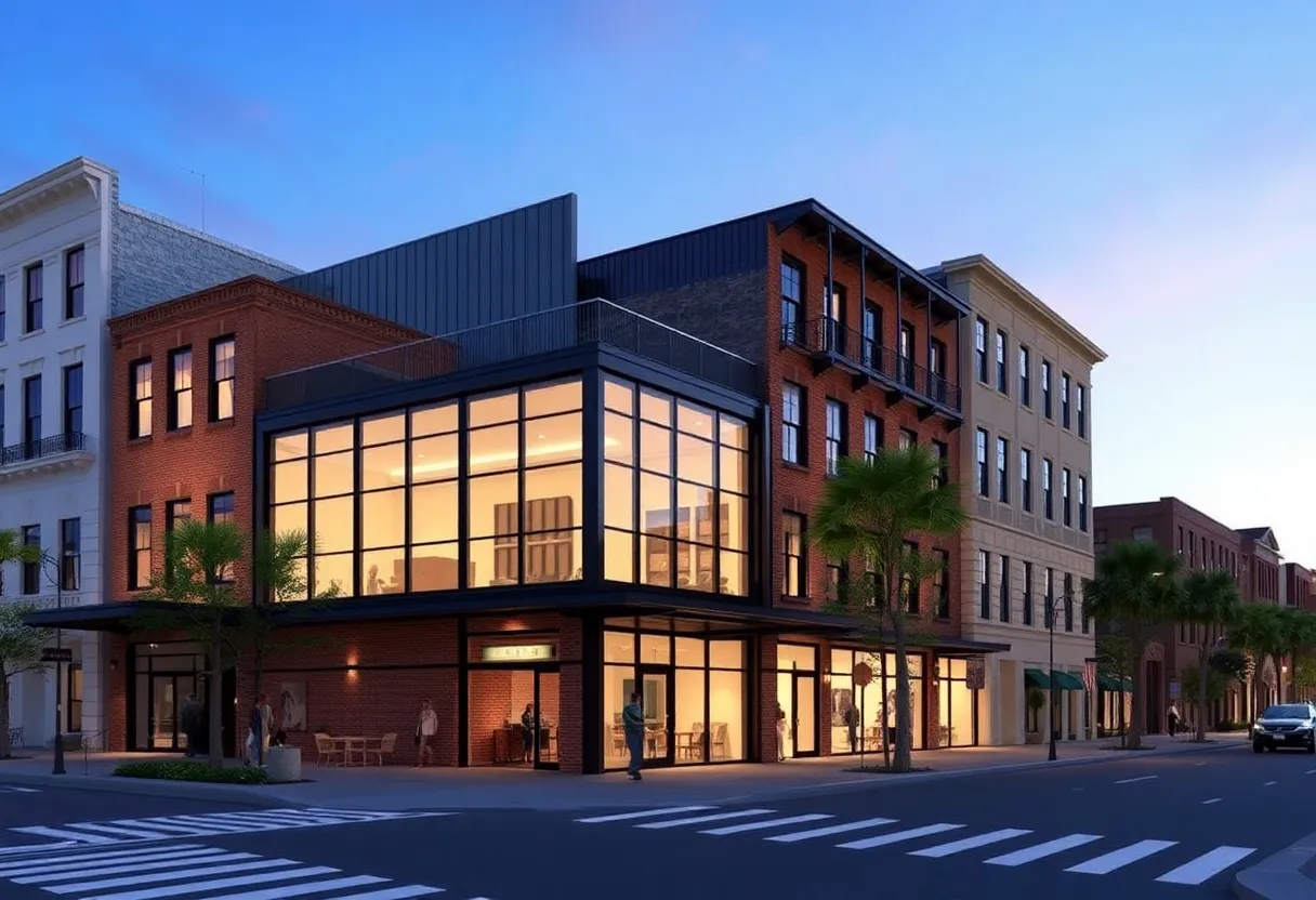 Rendering of the Charleston Design District with historic buildings and modern design.