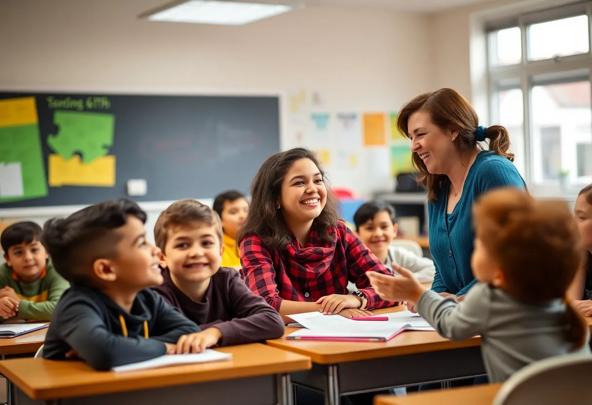 A classroom filled with students and a teacher working together.