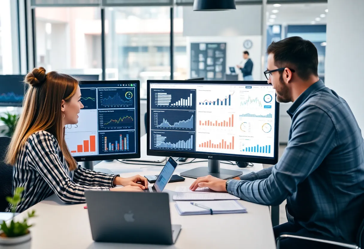 A marketing team using analytical tools in a modern office.