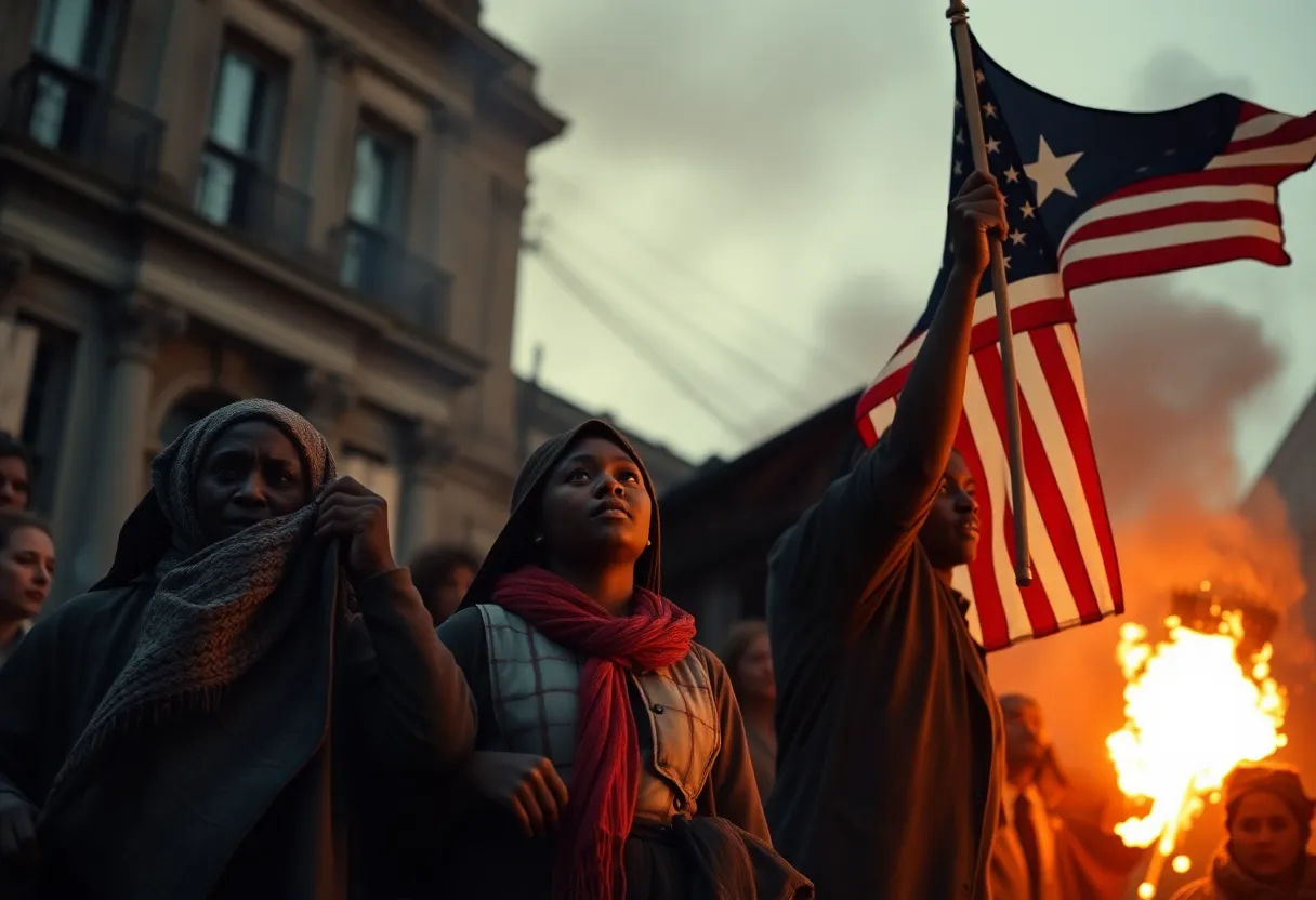 Illustration symbolizing the uprising and struggle for freedom in early America.