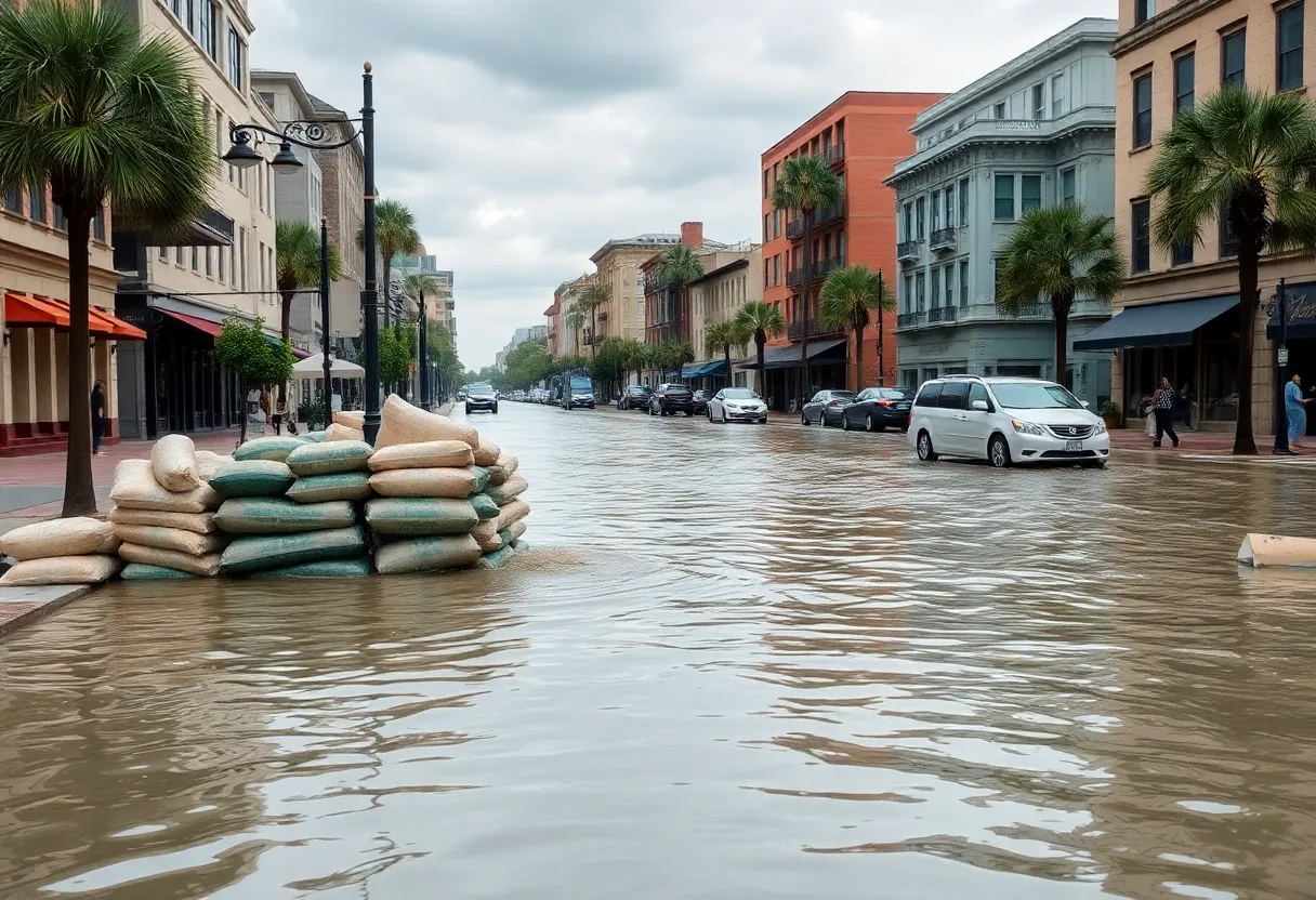 Coastal flooding in downtown Charleston with streets submerged in seawater