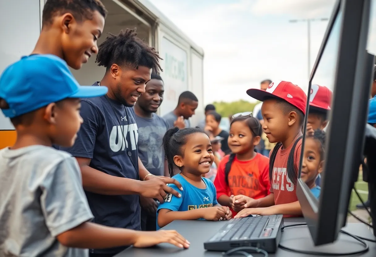 Children engaging with technology at a community event supported by the Charlotte Hornets Foundation