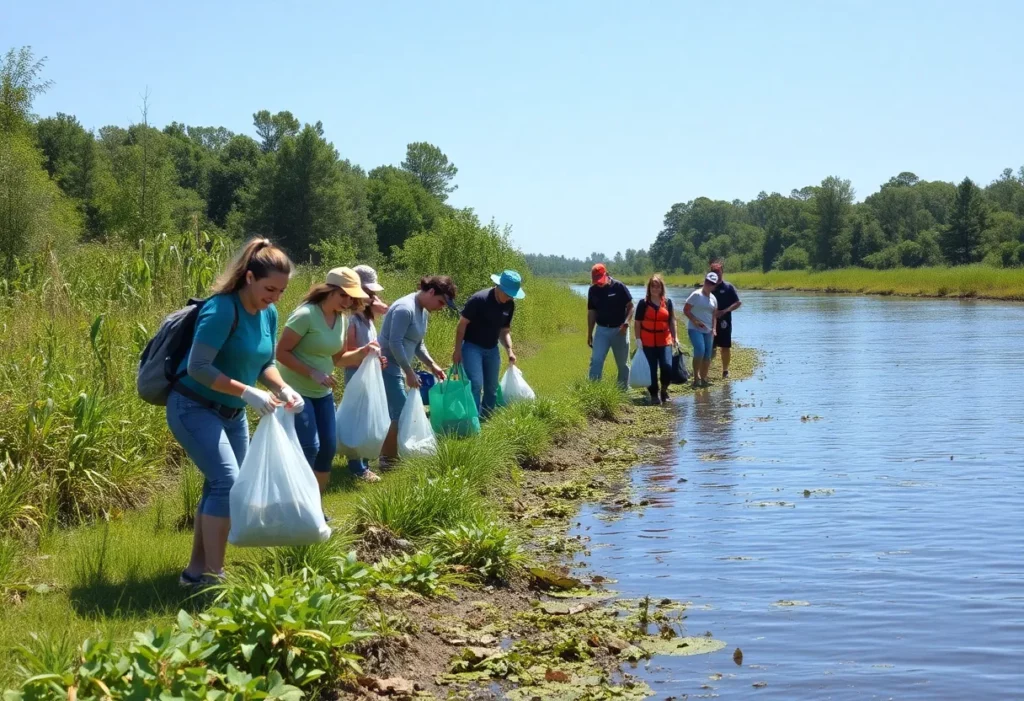 Volunteers participating in a marsh clean-up along the Ashley River