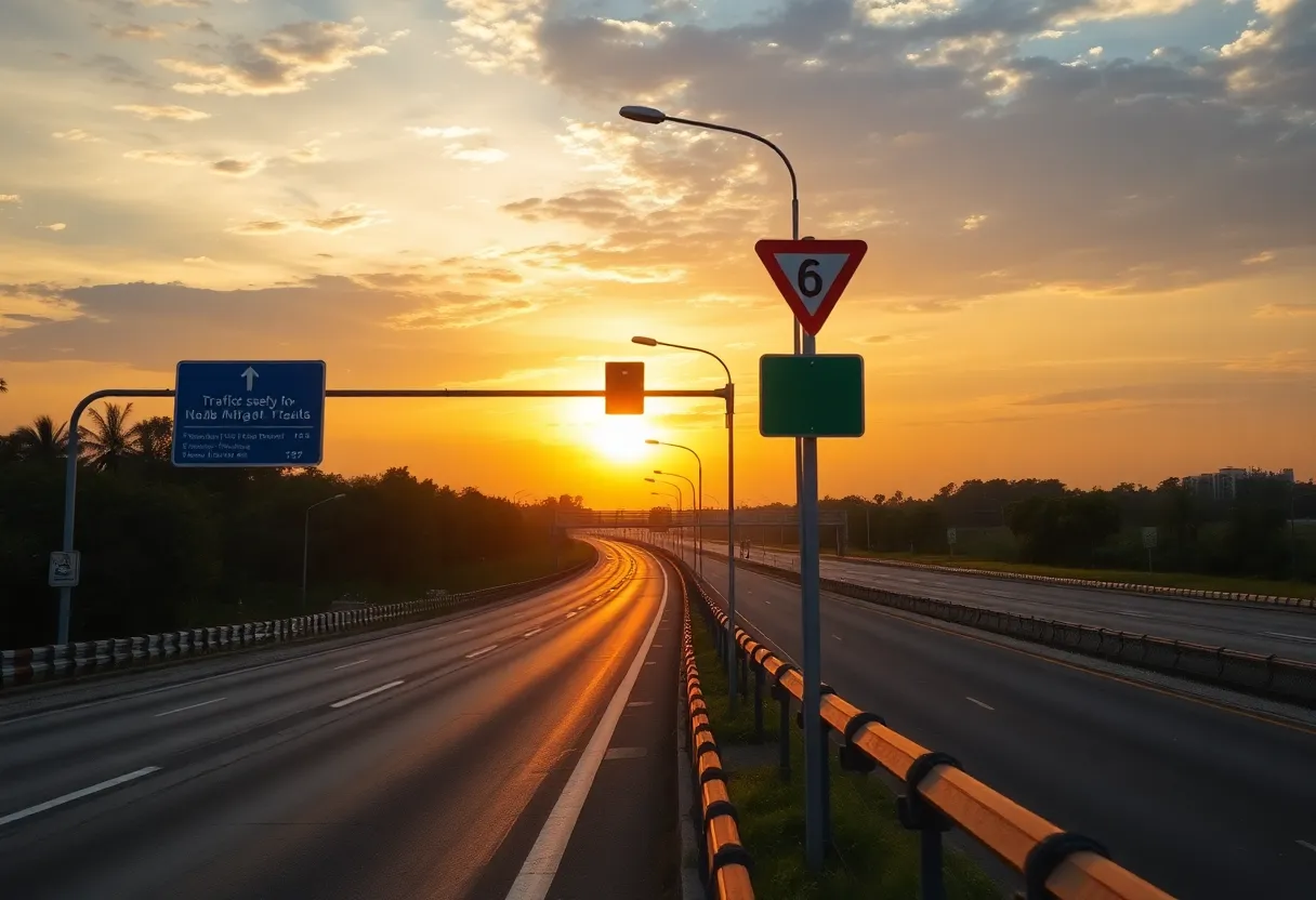 Scenic view of Maybank Highway with traffic safety signs