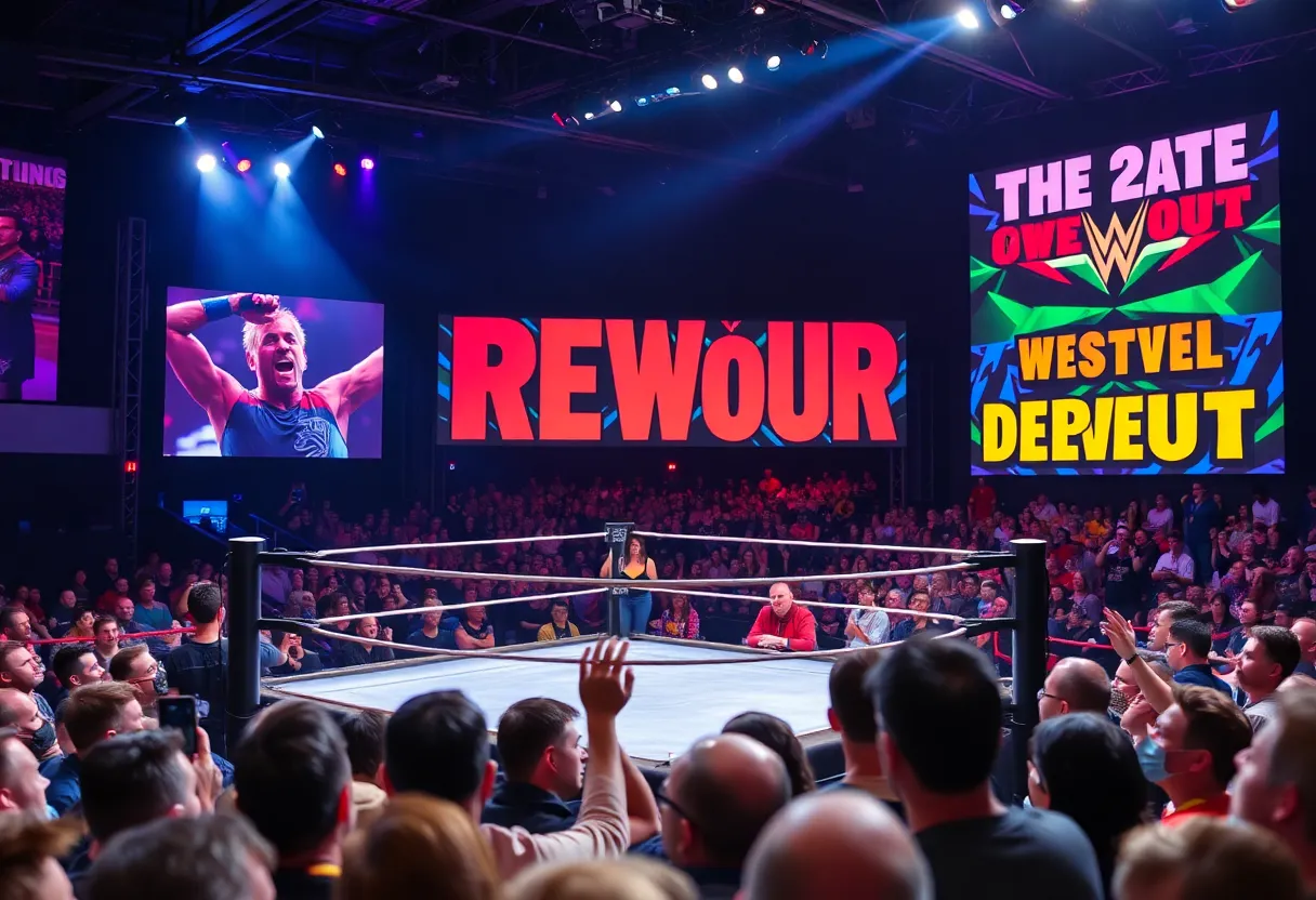 A vibrant wrestling arena filled with excited fans and a wrestling ring set for the Good Brothers debut.