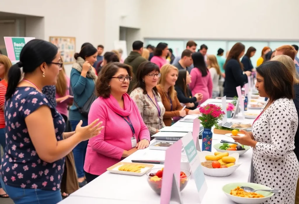 Breast cancer survivors participating in a wellness expo with resources and discussions.