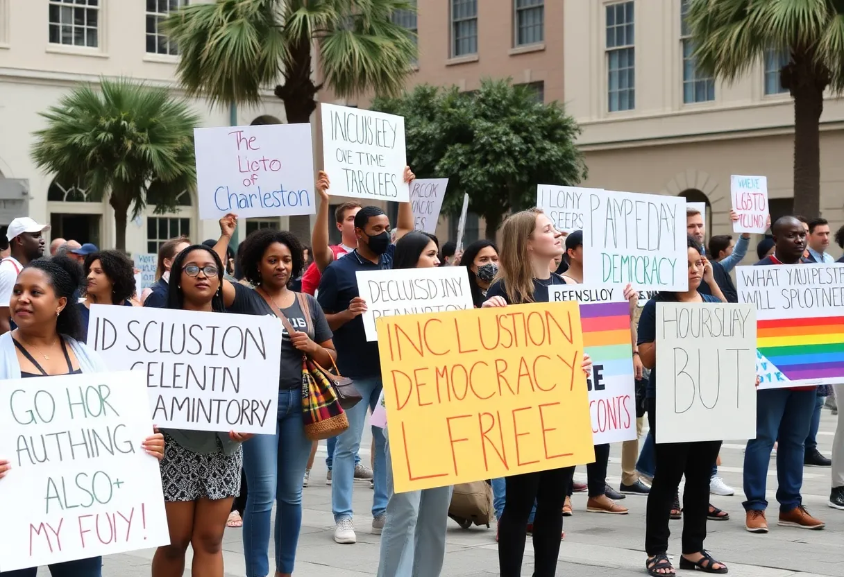 Diverse protesters holding signs advocating for democracy and inclusion during No Kings demonstrations in Charleston.