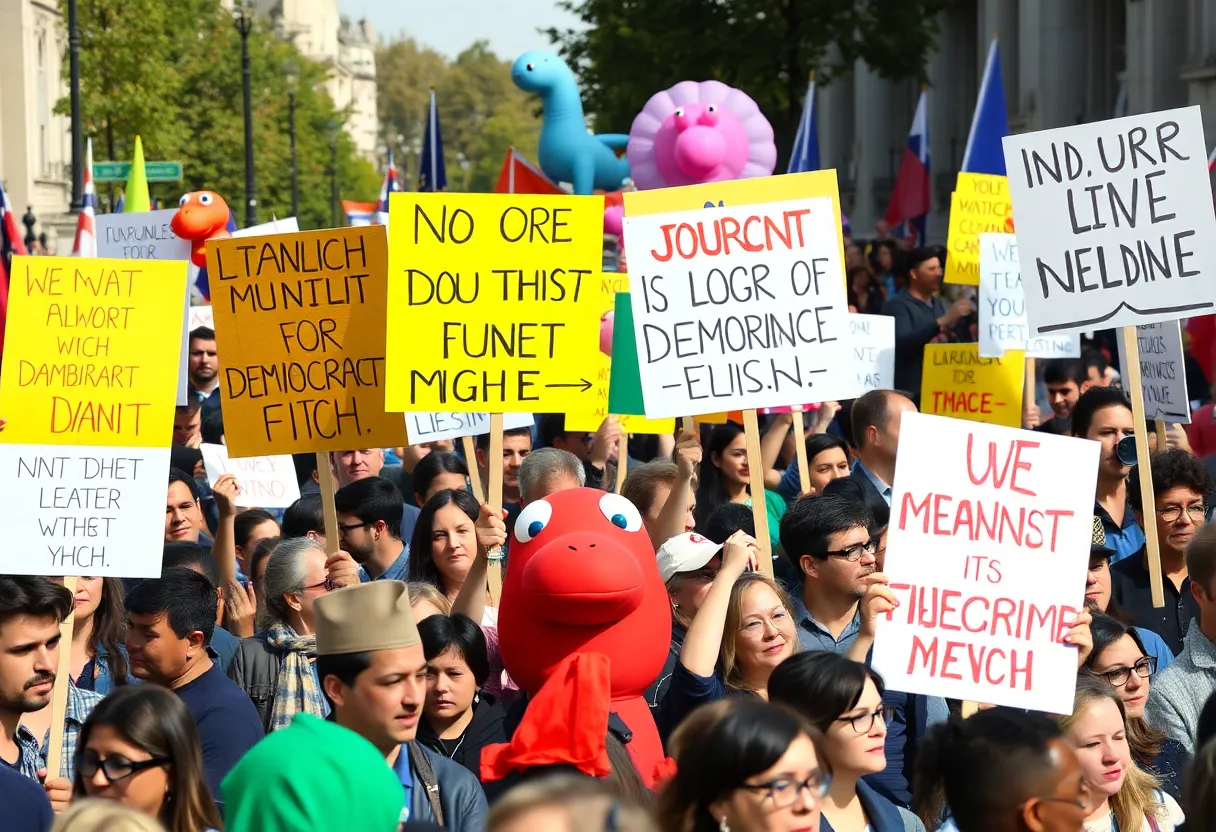 Protesters gather at the NoKings rally advocating for democracy