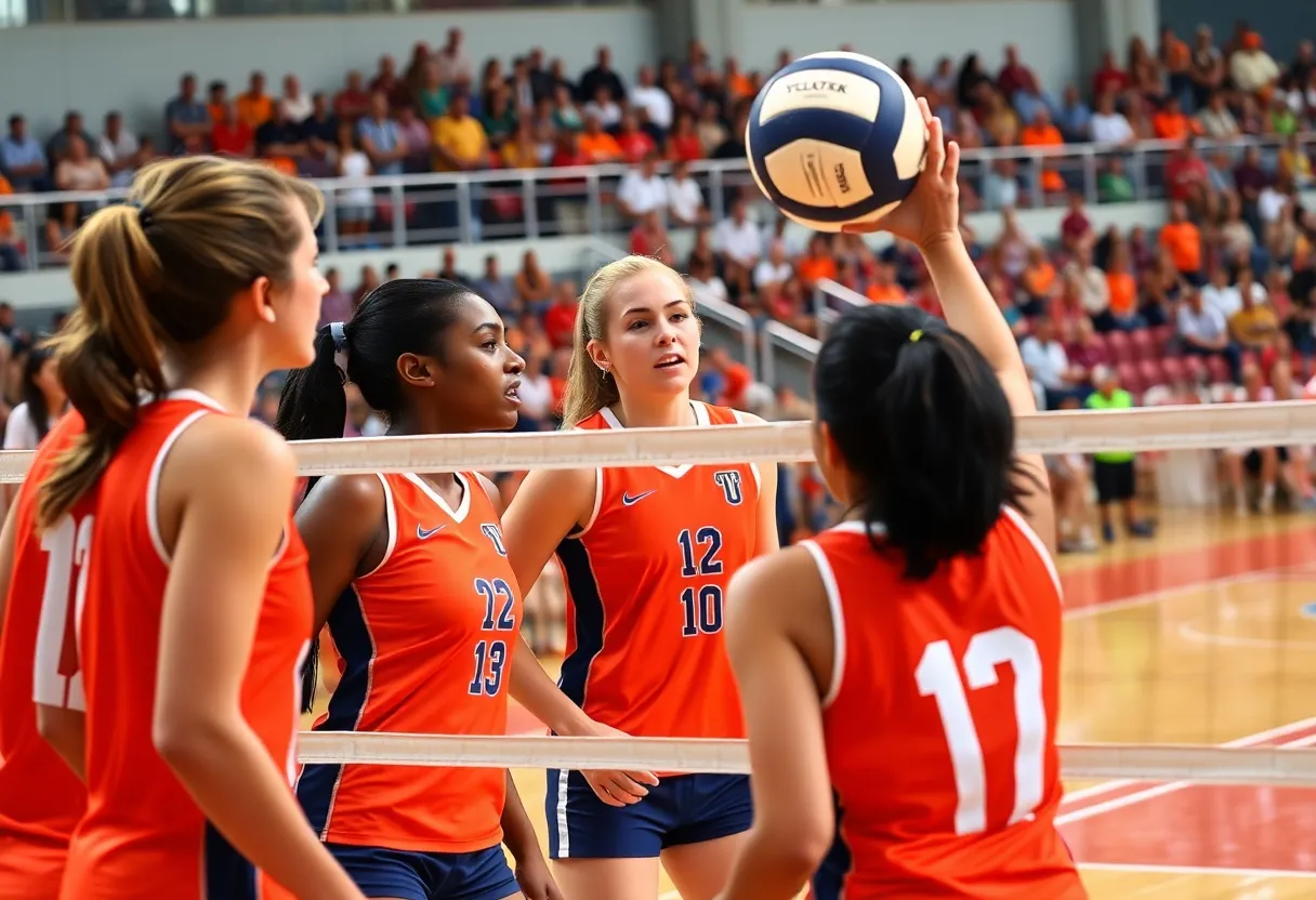 Volleyball players from North Carolina A&T competing energetically on the court.