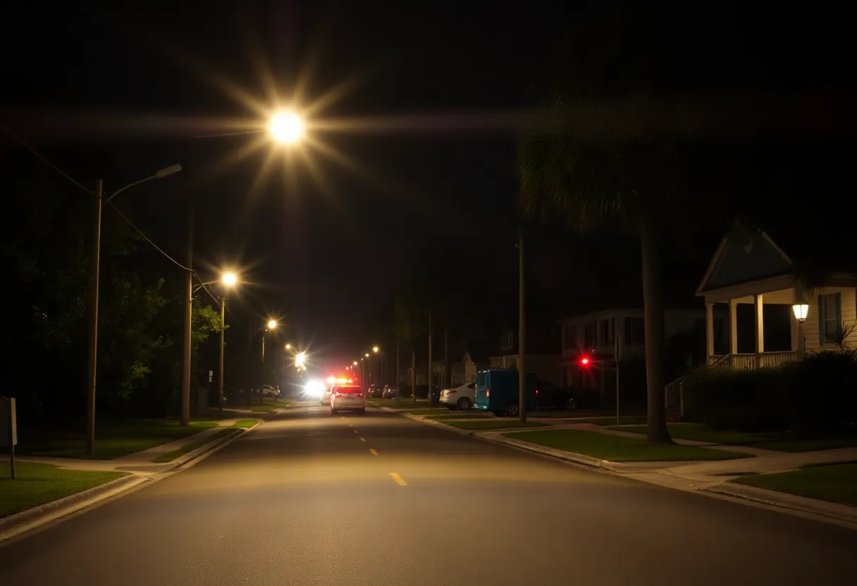Police lights illuminating a residential street in North Charleston, SC during a shooting investigation.