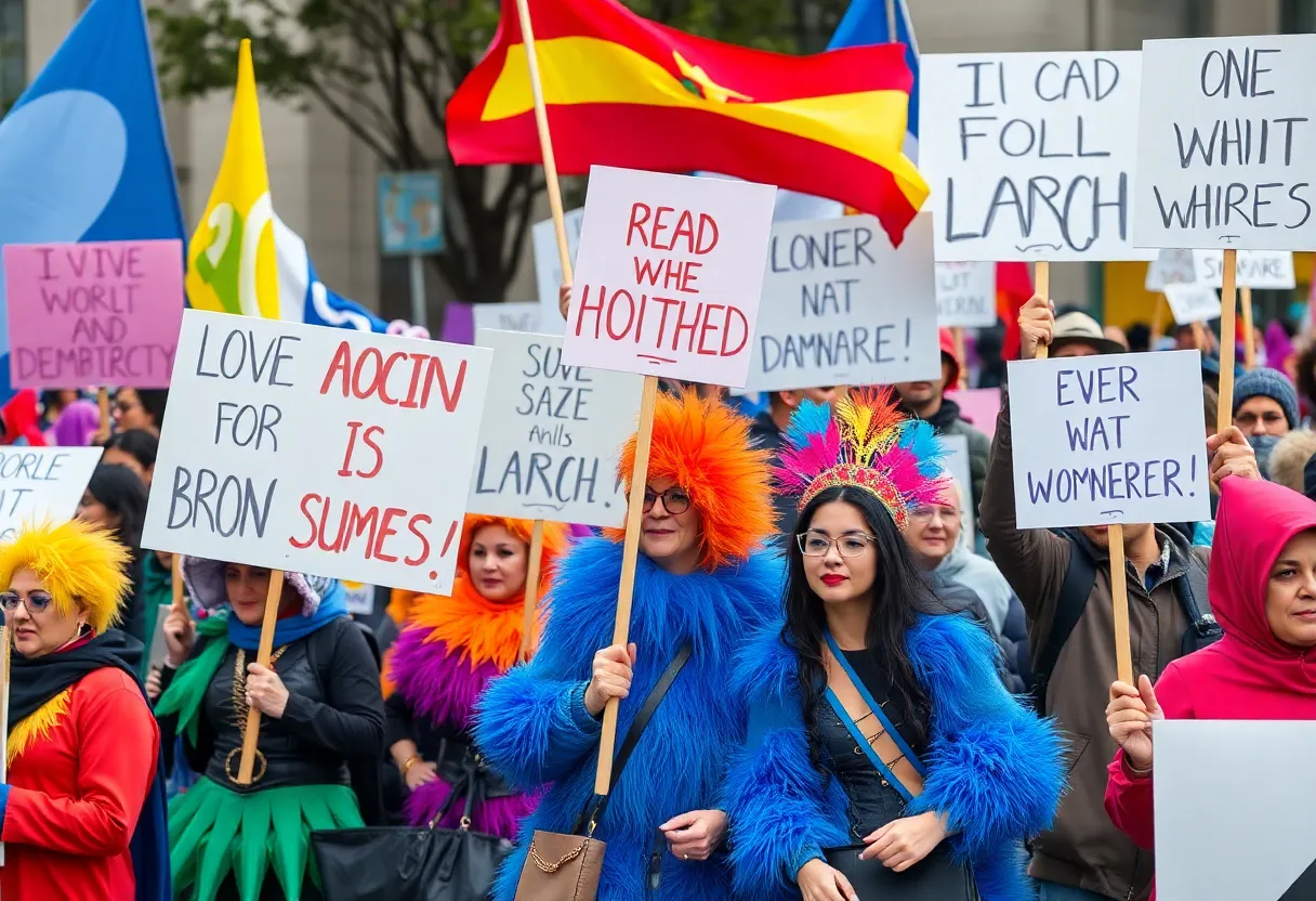 Protesters at North Charleston rally holding signs about democracy