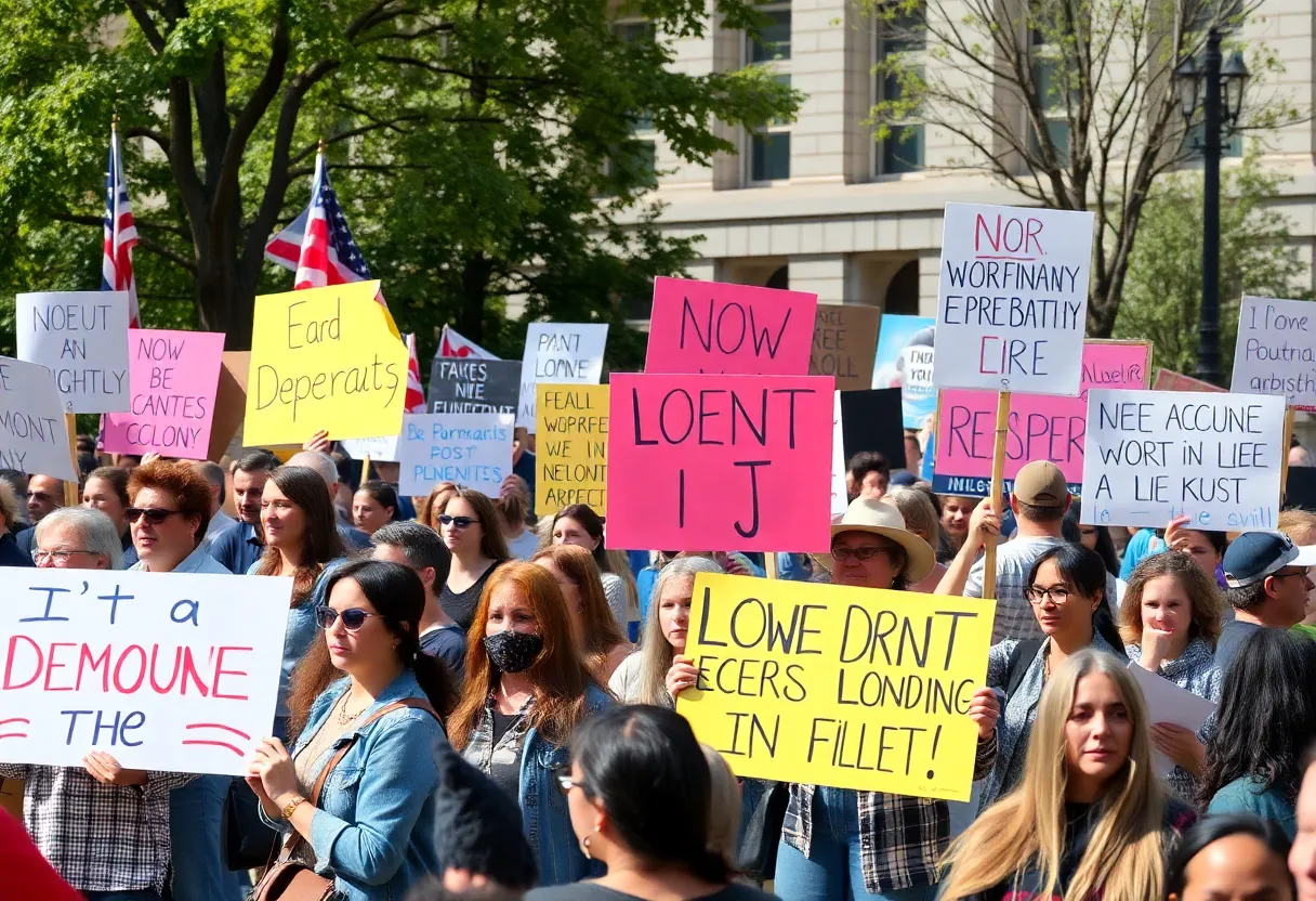 Crowd at North Charleston rally holding signs for democracy