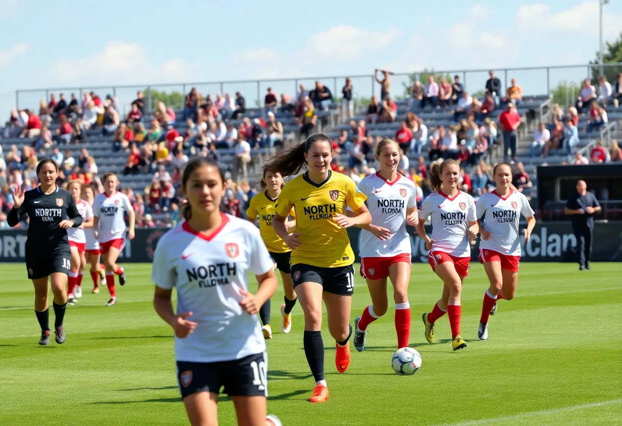 Soccer players from North Florida celebrating a victory against College of Charleston