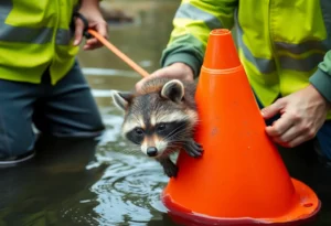 Community members rescuing a raccoon from the water in Charleston's Battery.