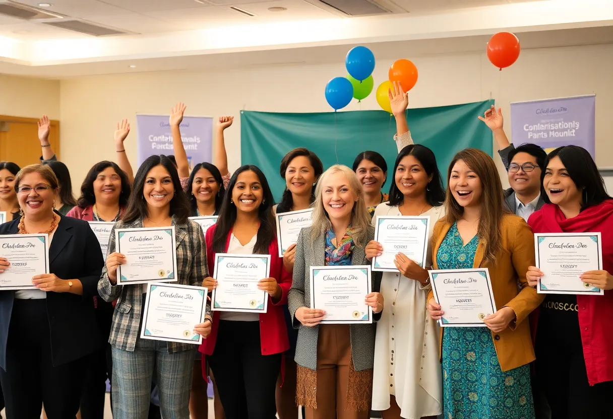 Group of teachers celebrating at an awards ceremony for merit-based bonuses