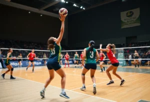 Players from UNC Asheville and Charleston Southern competing in a volleyball match