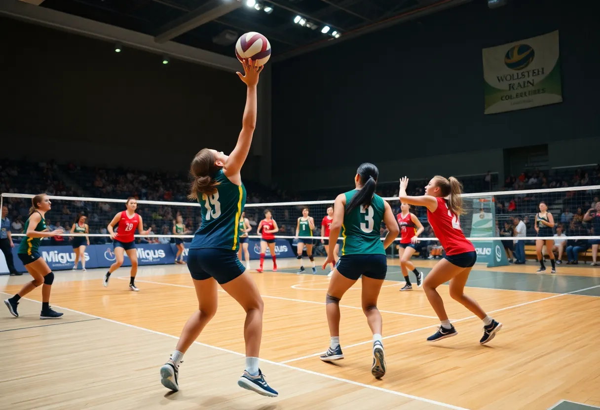 Players from UNC Asheville and Charleston Southern competing in a volleyball match