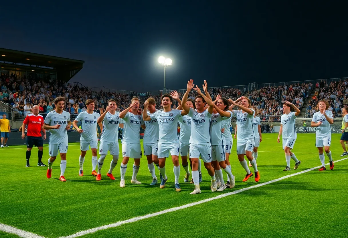 University of North Florida men's soccer team celebrating a goal during a match against College of Charleston.