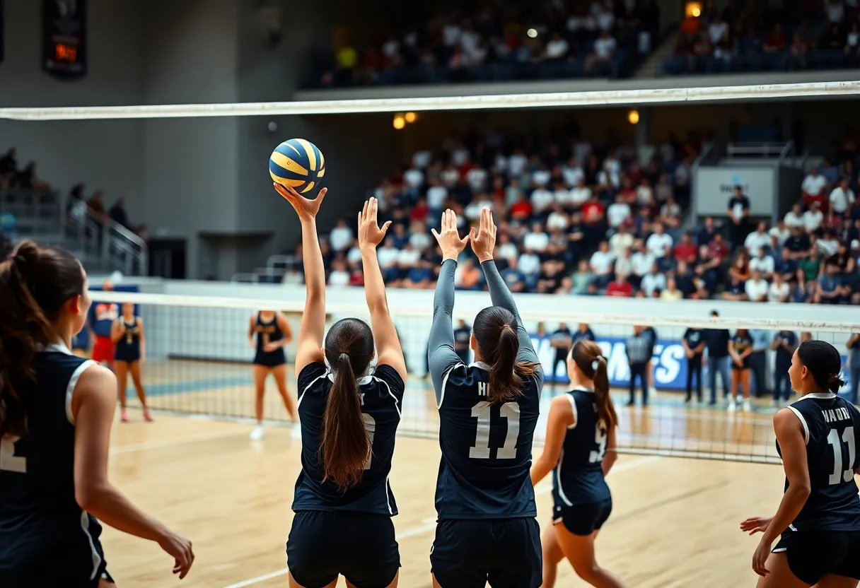 Youngstown State volleyball team celebrating their comeback victory against Quinnipiac.