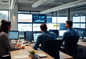 Marketing team utilizing data-driven marketing strategies in an office.