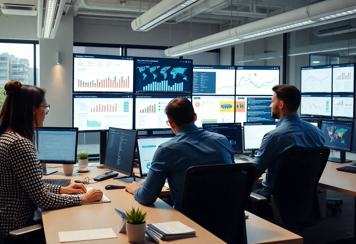 Marketing team utilizing data-driven marketing strategies in an office.