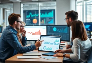 A marketing team discussing data visualization in an office