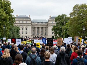 Crowd at anti-ICE demonstration in Marion Square, Charleston