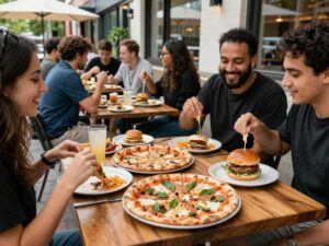 Outdoor dining scene featuring gourmet pizza and happy customers in Atlanta.