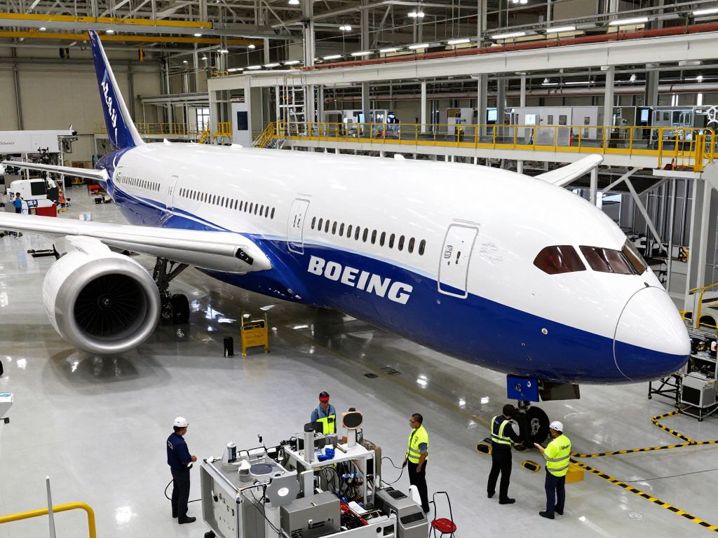 Boeing 787 Dreamliner aircraft being assembled at a production facility in South Carolina.