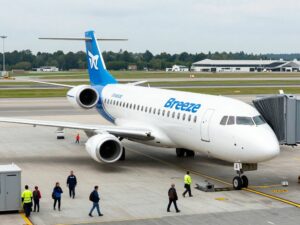 Breeze Airways planes at Atlantic City International Airport, busy travel hub.