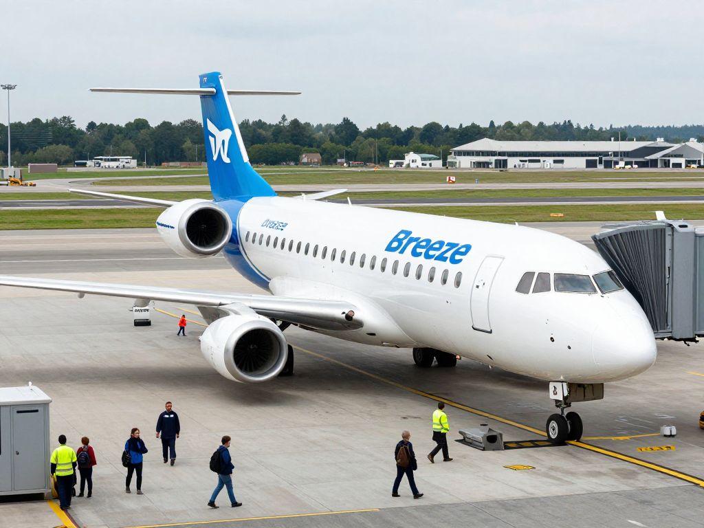 Breeze Airways planes at Atlantic City International Airport, busy travel hub.
