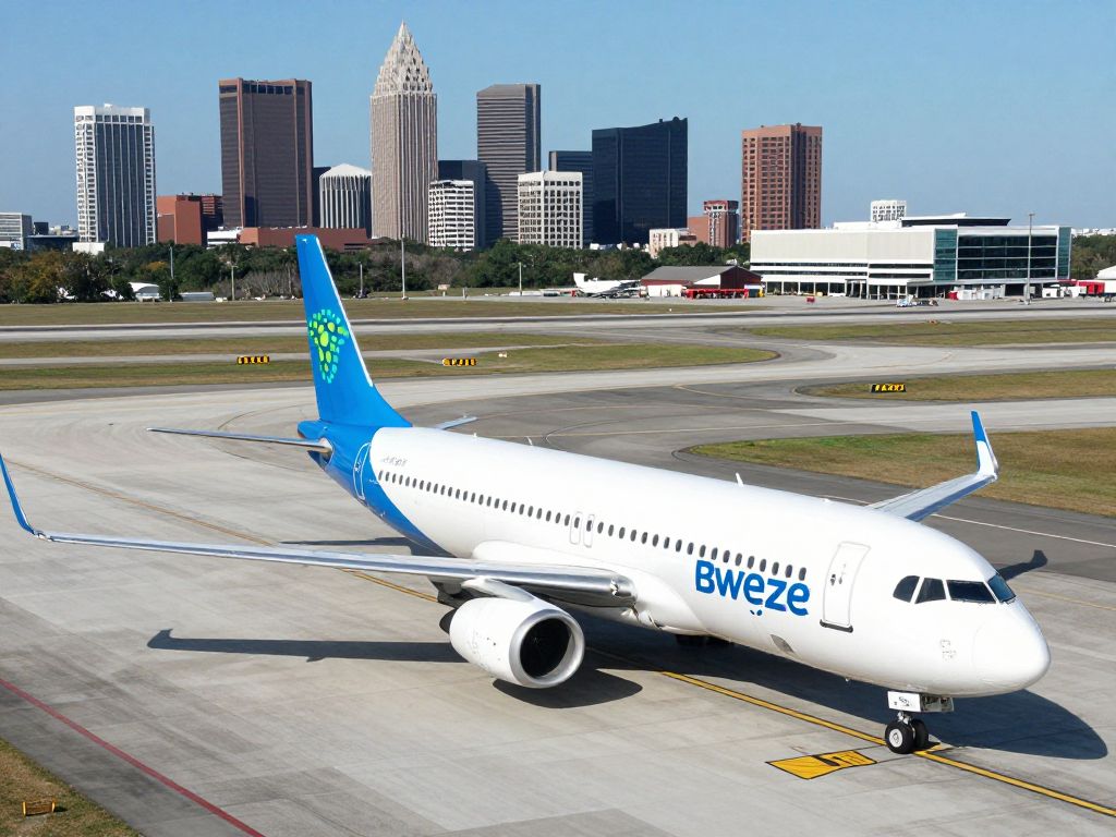 A Breeze Airways airplane at Charleston airport with city skyline in the background