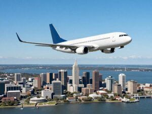Breeze Airways flight over Charleston skyline