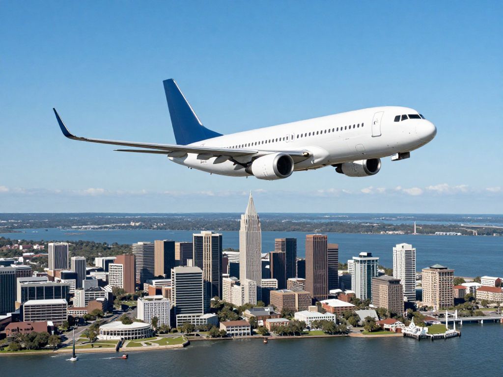 Breeze Airways flight over Charleston skyline