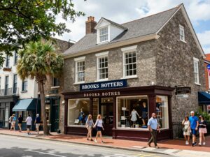 Brooks Brothers store on King Street in Charleston, SC, with people shopping.