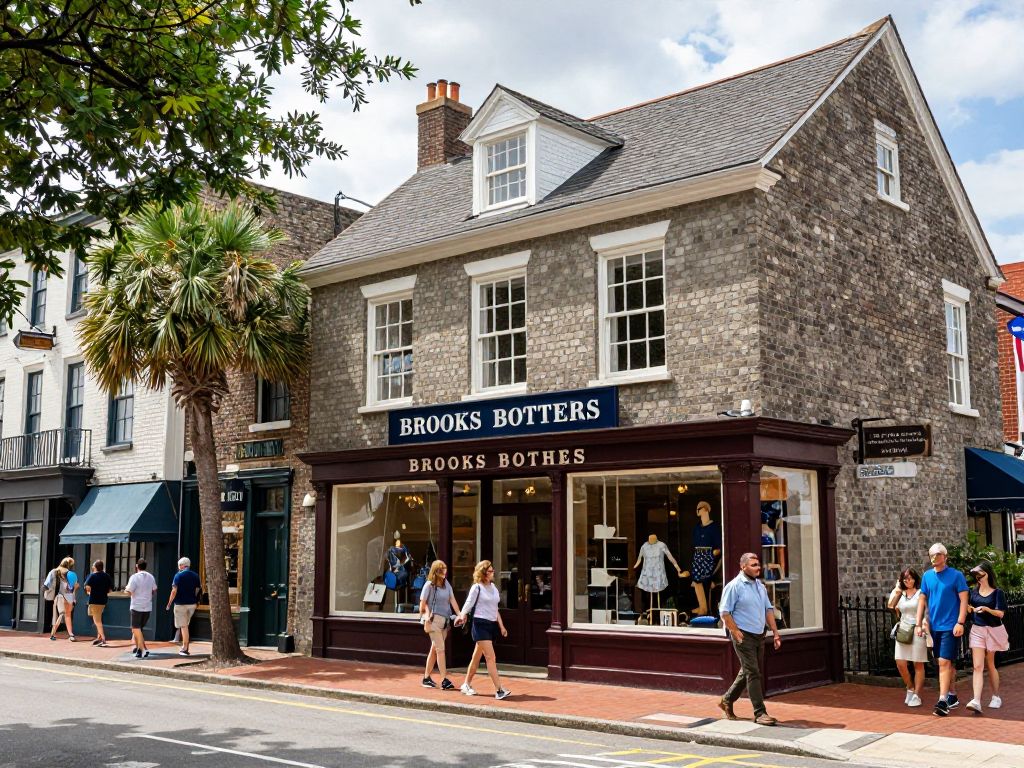 Brooks Brothers store on King Street in Charleston, SC, with people shopping.