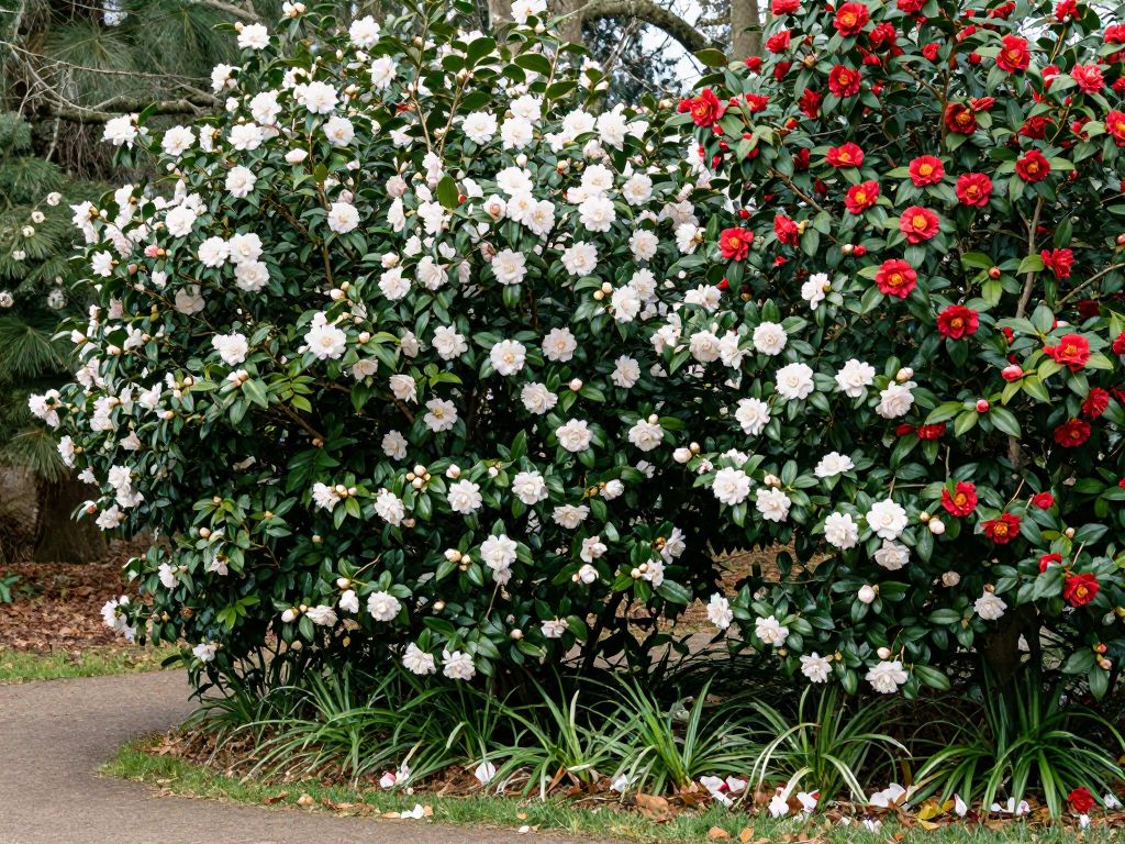 A variety of colorful camellia flowers in bloom at Magnolia Plantation.