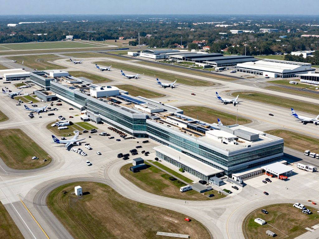 Aerial view of Charleston International Airport with ongoing construction and expansion projects.