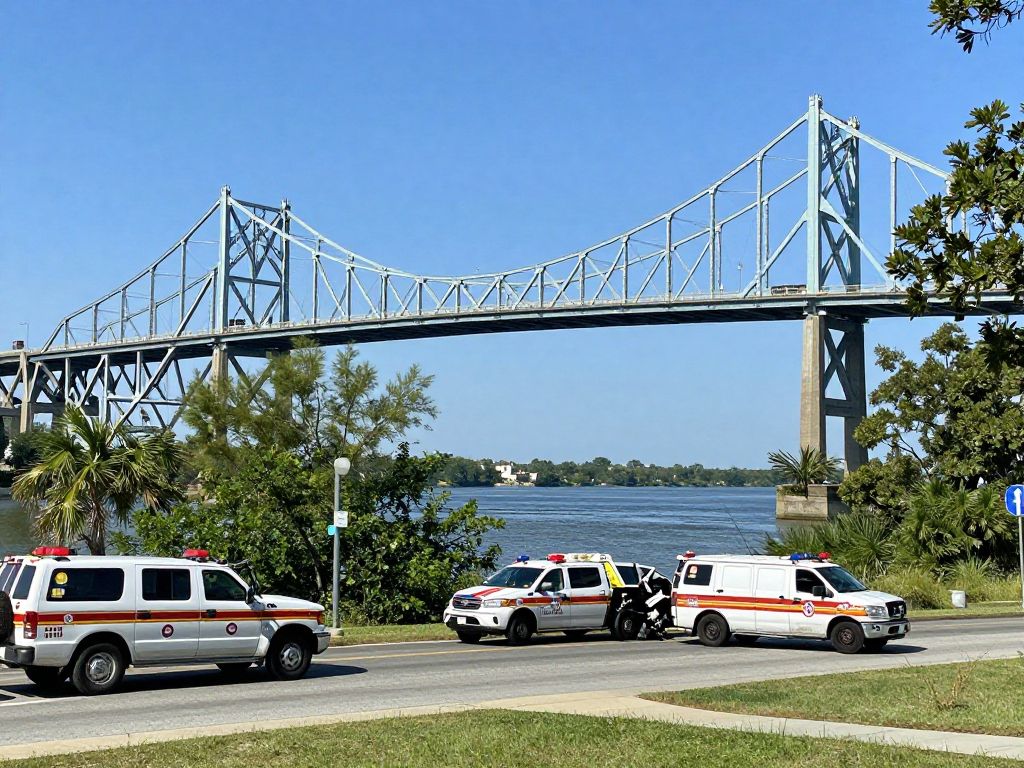 Emergency response vehicles on the Ashley River Bridge after a crash