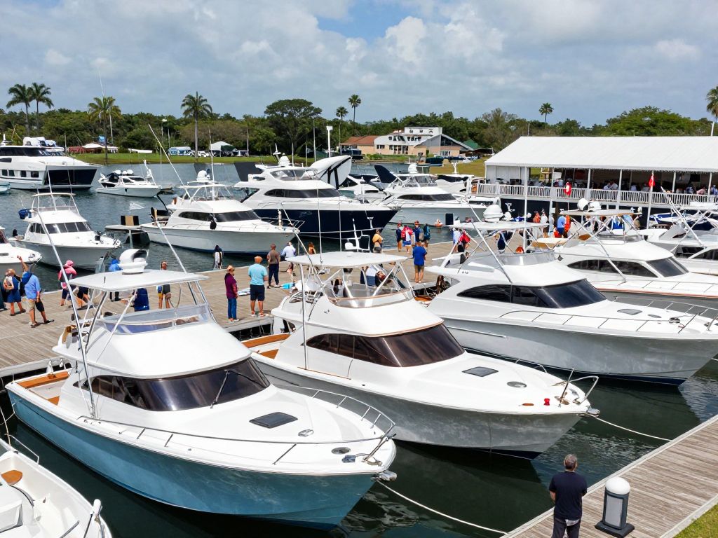 A display of various boats at the Charleston Boat Show with attendees exploring the vessels.