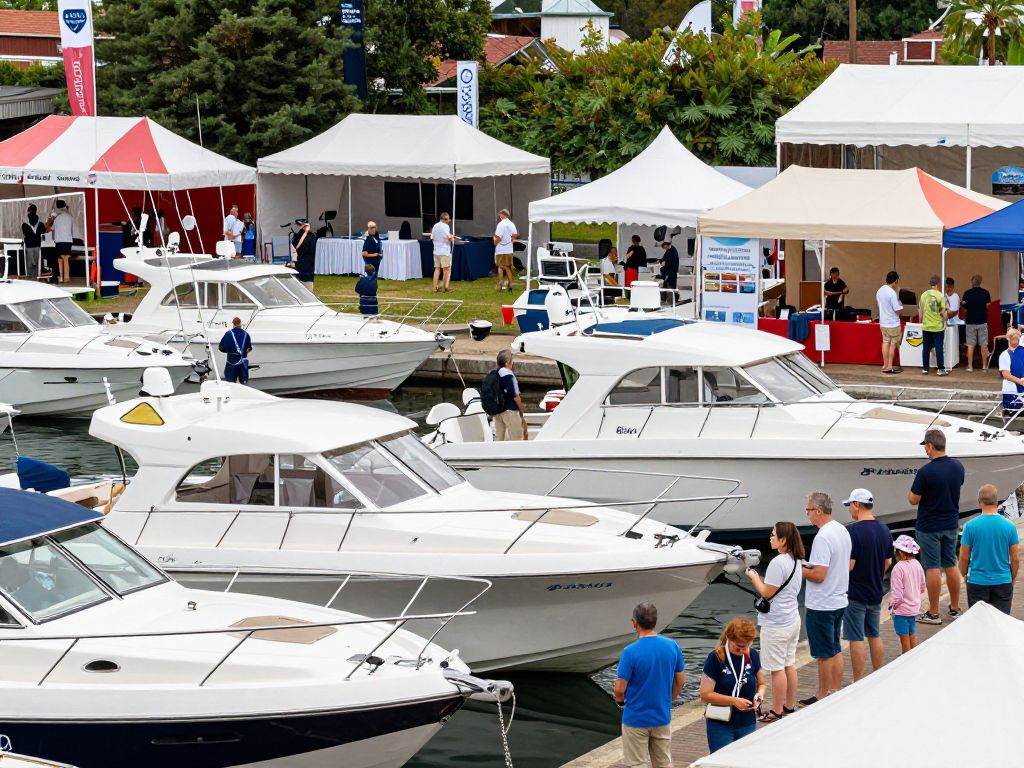 Crowd enjoying the Charleston Boat Show with various boats on display.