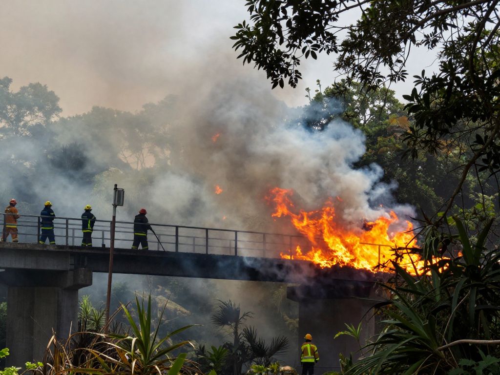 Brush fire near the Charleston Ravenel Bridge with emergency personnel responding